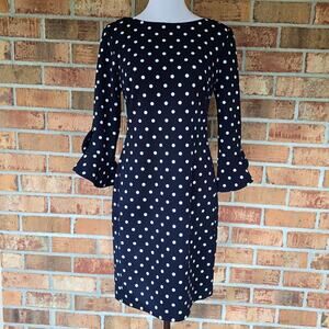 Tulip Sleeve PolkaDot Dress Karl Lagerfeld Paris Size 4 Navy Blue White Stretch